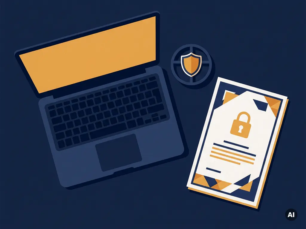 Laptop op een bureau naast een certificaat van veilige datavernietiging, met een schildembleem in navy, amber en wit.