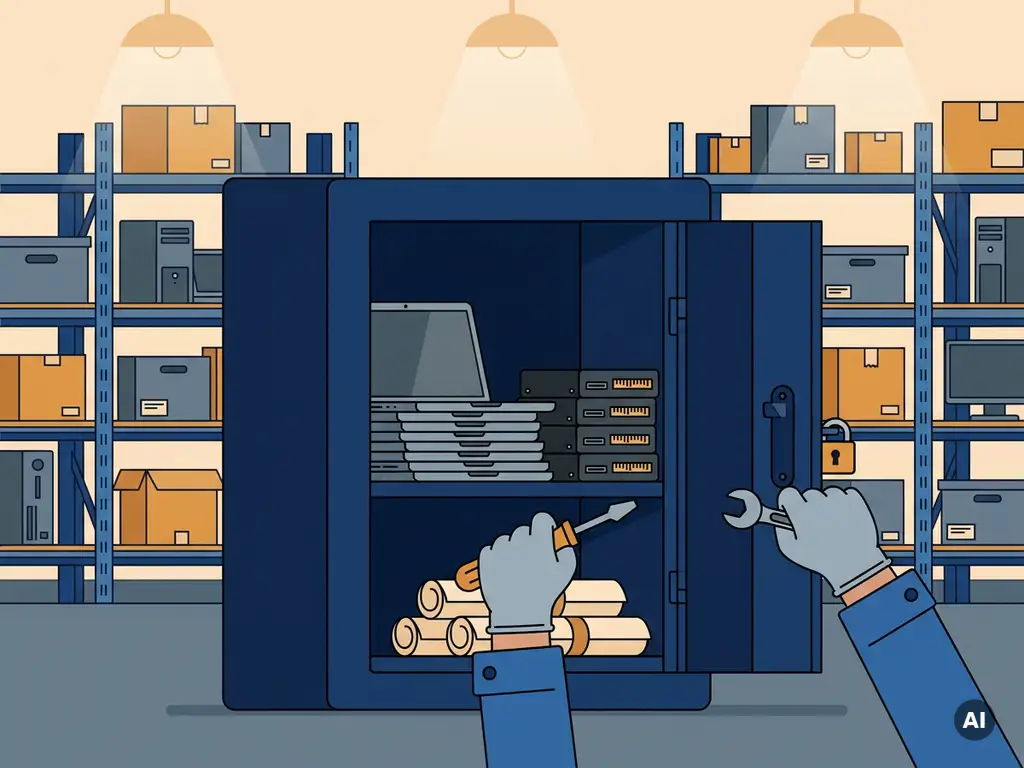 Gehandschoende handen die een vergrendeld stalen datakabinet demonteren, met buiten gebruik gestelde laptops, harde schijven en vernietigingscertificaten in een magazijn.