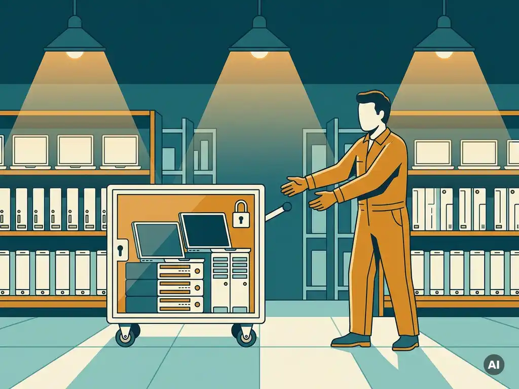 Verzegelde TEQBOX-kar met oude laptops en servers wordt overgedragen aan specialist in magazijn met gerefurbishte apparaten.