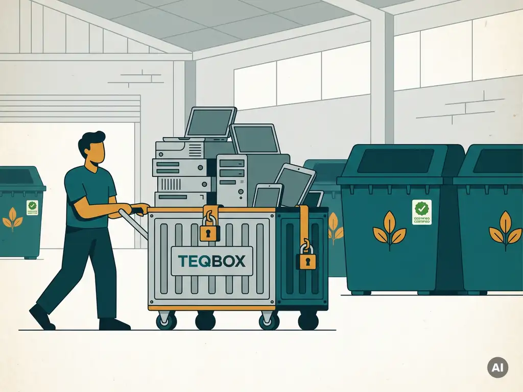 Vergrendelde TEQBOX-kar met gestapelde laptops, servers en tablets in modern bedrijfsmagazijn met recyclingbakken en groene certificeringslabels.