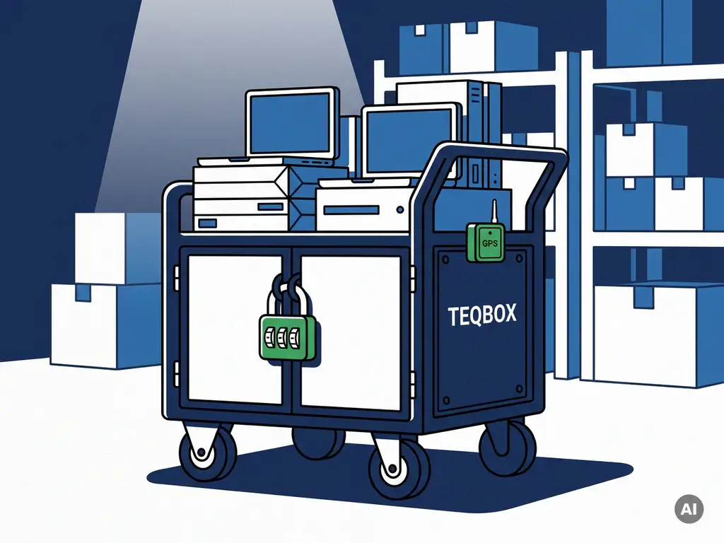TEQBOX-kar op wielen met gestapelde laptops, beveiligd met cijferslot en GPS-tracker, in een nette magazijnomgeving.