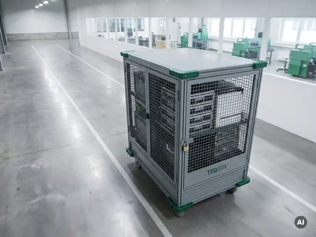 Vergrendelde stalen TEQBOX-kar met gestapelde laptops en servers rijdt over een magazijnvloer naar een verwerkingsstation.