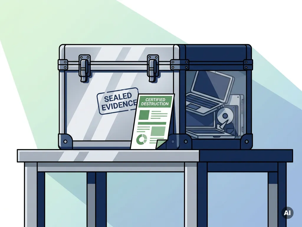 Verzegelde metalen bewijsdoos met verouderde laptops en harde schijven naast een certificaat van gecertificeerde datavernietiging.