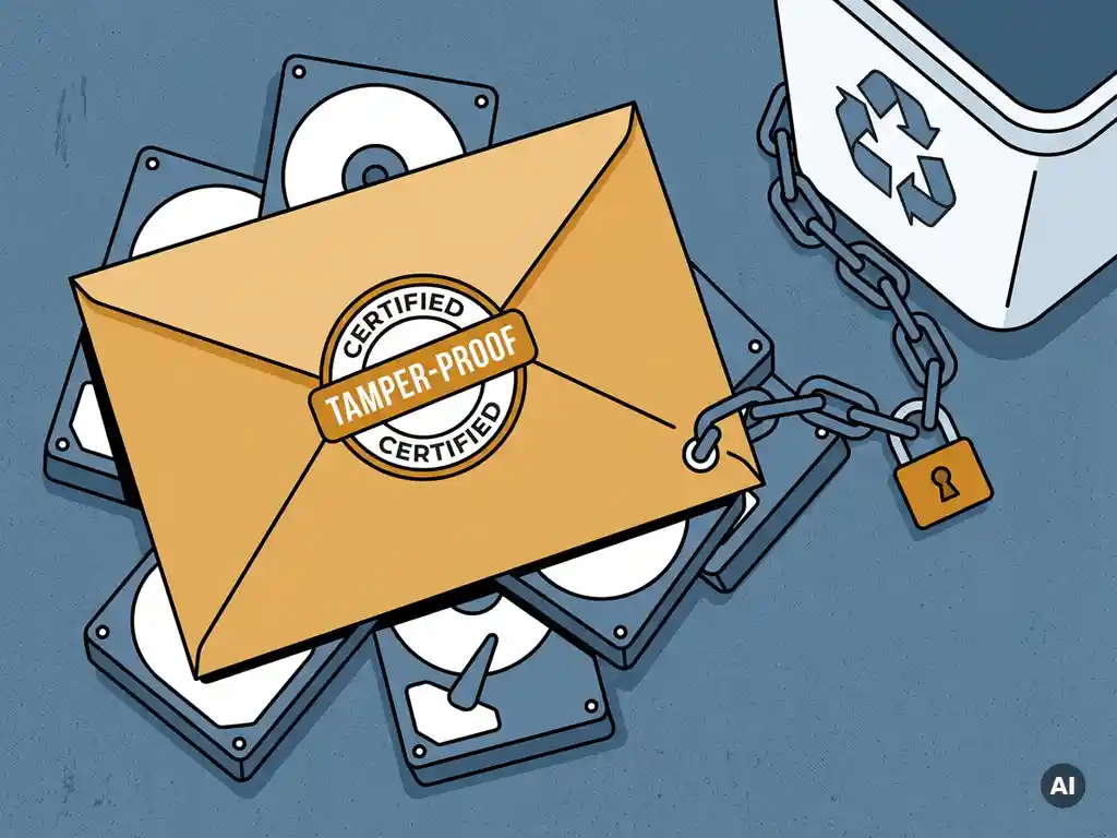 Verzegelde bewijsenvelop met sabotagebestendig sticker op stapel buiten gebruik gestelde harde schijven, verbonden via ketting met hangslot aan recyclingbak.