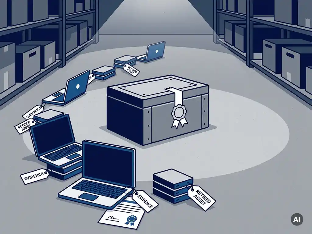 Verzegelde metalen bewijskluis omringd door gelabelde laptops en harde schijven op een magazijnvloer, met een gecertificeerd document eronder.