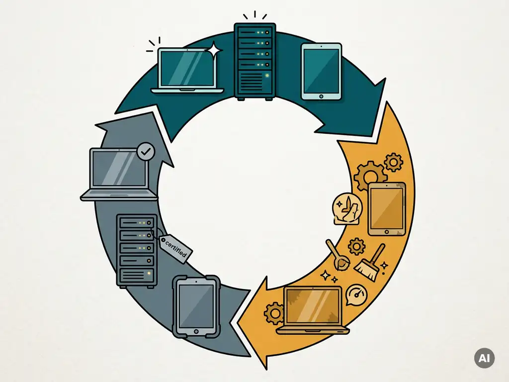 Circulaire tijdlijn van laptops, servers en tablets die de levenscyclus van IT-apparatuur tonen, van nieuw tot gereviseerd.