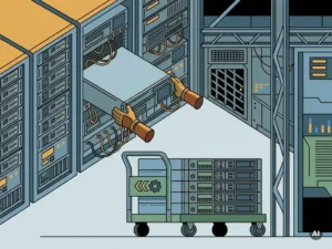 Gehandschoende handen ontmantelen een serverrack in een datacenter, met afgedankte apparatuur op een transportkar eronder.