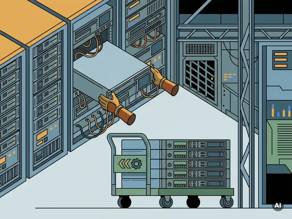 Gehandschoende handen ontmantelen een serverrack in een datacenter, met afgedankte apparatuur op een transportkar eronder.