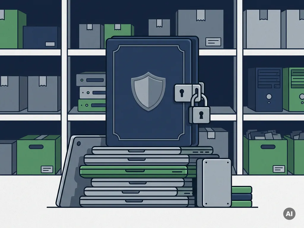 Verzegeld datacertificaat op stapel afgedankte laptops en harde schijven in een magazijn, met schildembleem in marineblauw en compliancegroen.