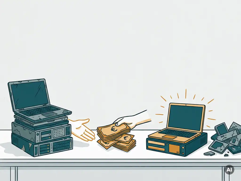 Stapel gebruikte laptops en servers ingewisseld voor eurobiljetten op een magazijnwerkbank, met een opgeknapt apparaat ernaast.