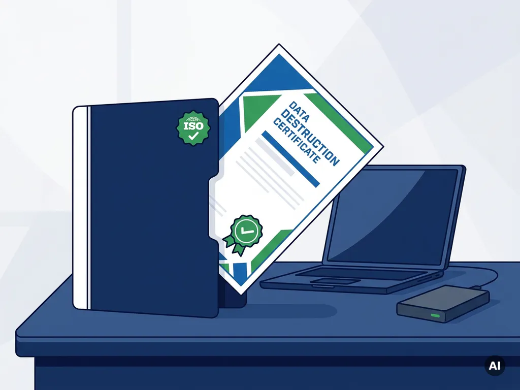 Officieel certificaat van datavernietiging uit een map op een bureau, naast een afgedankte laptop en harde schijf, met ISO-badge.