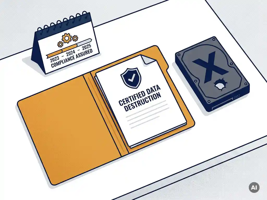 Gecertificeerd gegevensvernietigingsdocument in een manillamap naast een buiten gebruik gestelde harde schijf op een bureau.