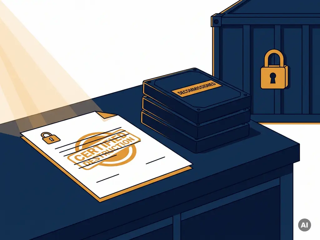 Gecertificeerd vernietigingsdocument naast een stapel buiten gebruik gestelde harde schijven op een industriële werkplek, met een beveiligde kluis op de achtergrond.