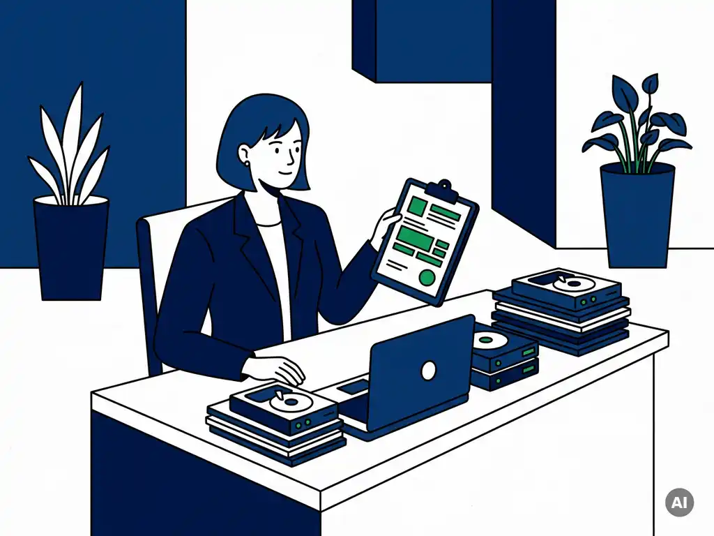 IT-manager bekijkt gecertificeerd datavernietigingsrapport op klembord, omringd door buiten gebruik gestelde laptops en harde schijven.