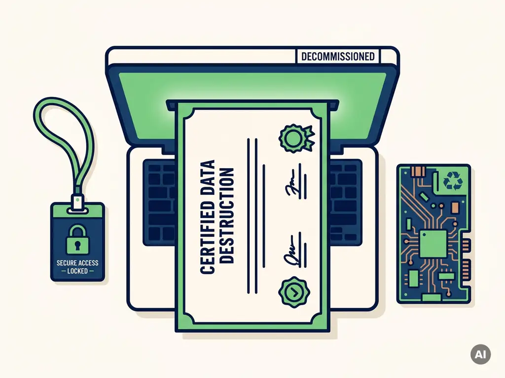 Gecertificeerd gegevensvernietigingscertificaat uit laptop op wit bureau, naast beveiligingsbadge en gerecycled printplaat, vlakke vectorillustratie.