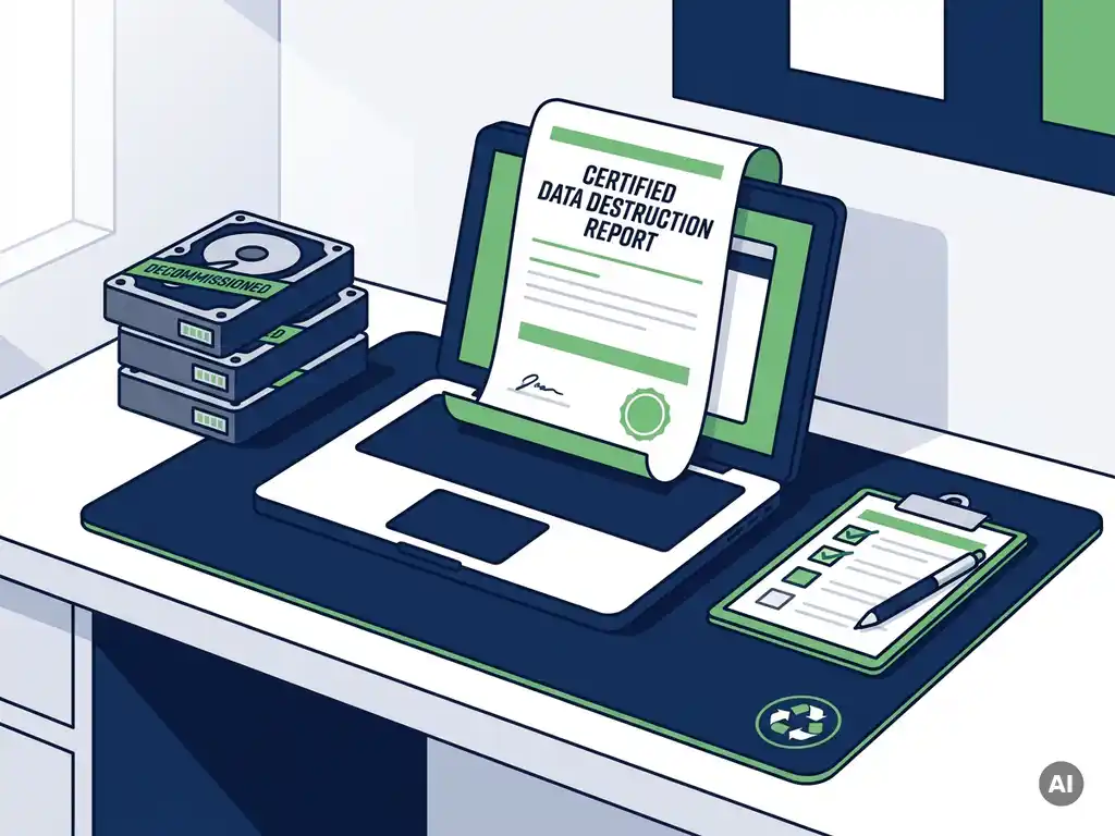 Gecertificeerd datavernietigingsrapport op laptopscherm, omringd door buiten gebruik gestelde harde schijven en een compliance-checklist op een kantoorbureau.