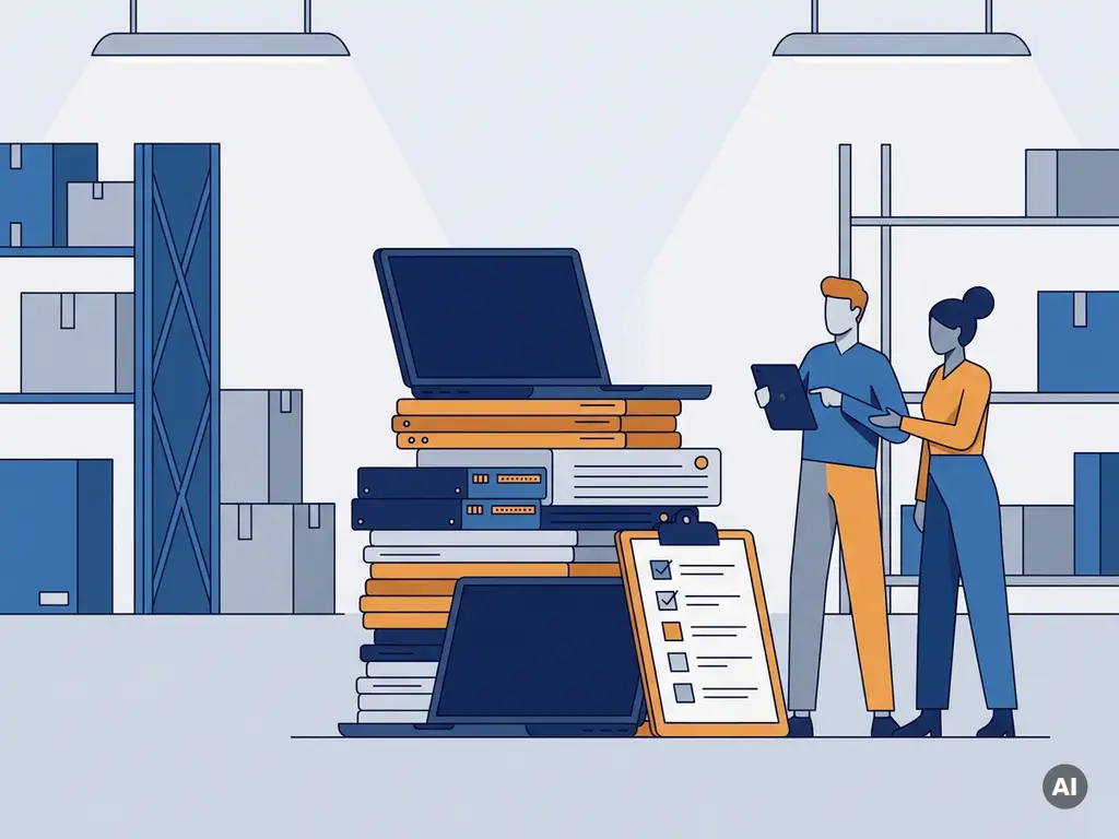 Stapel buiten gebruik gestelde laptops en harde schijven op een magazijnvloer met klembord voor datacertificering.