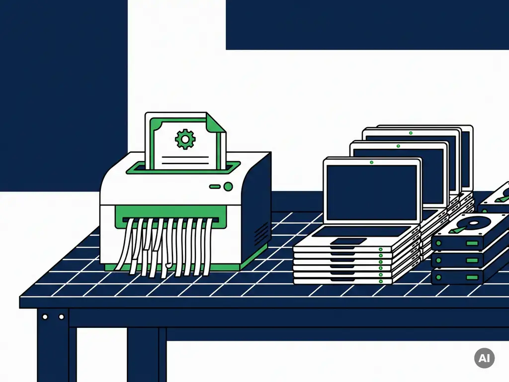 Gecertificeerd vernietigingscertificaat uit papierversnipperaar naast afgedankte laptops en harde schijven op industriële werkbank.