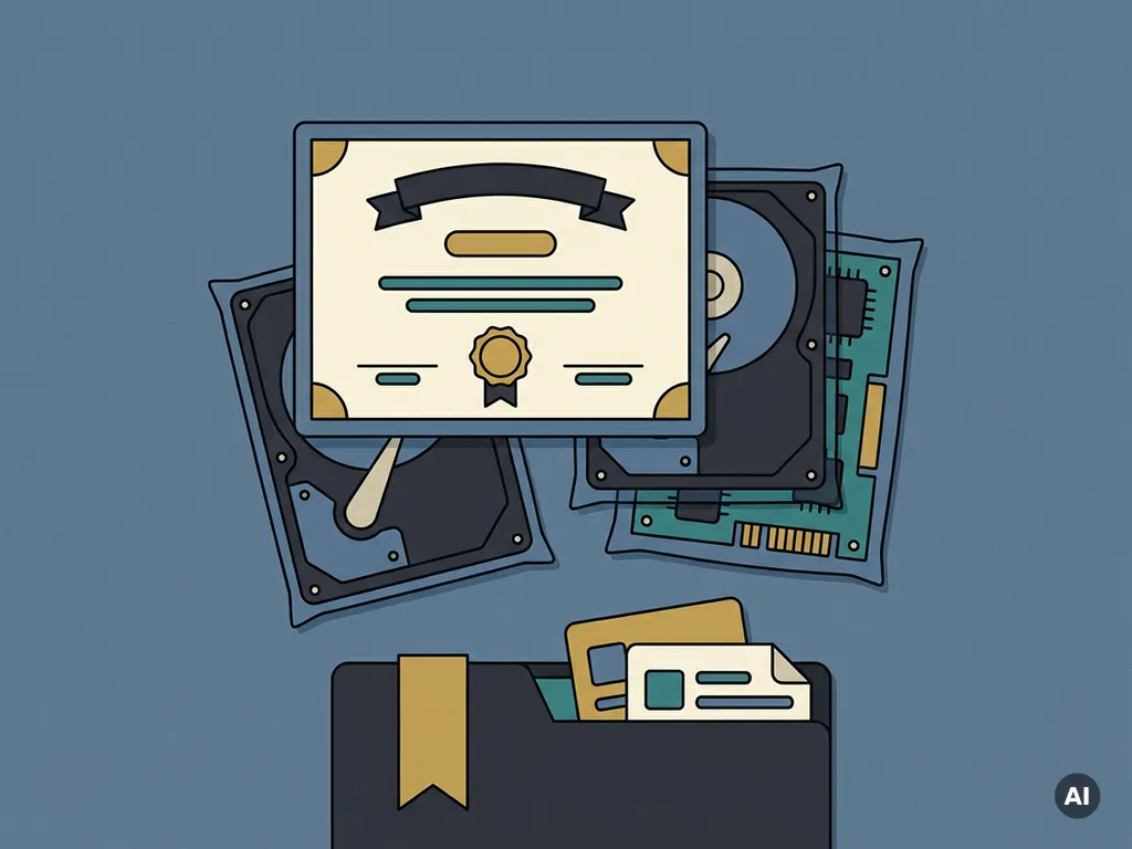 Gecertificeerd datadestructiecertificaat op verzegelde stapel afgedankte harde schijven en serveronderdelen, pensioenfondsdossier zichtbaar.