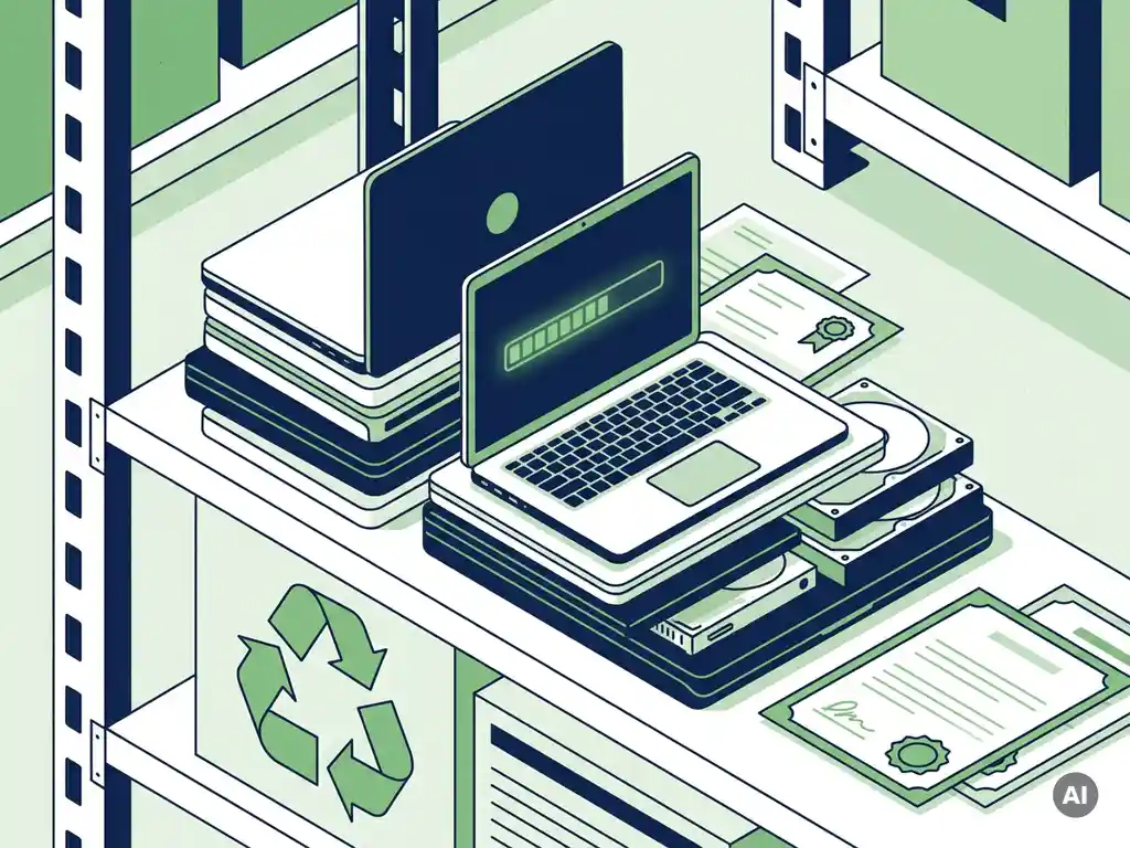 Stack gecertificeerde laptops en harde schijven op magazijnplank met groen voortgangsindicator, officiële certificeringsdocumenten en recyclingssymbool.
