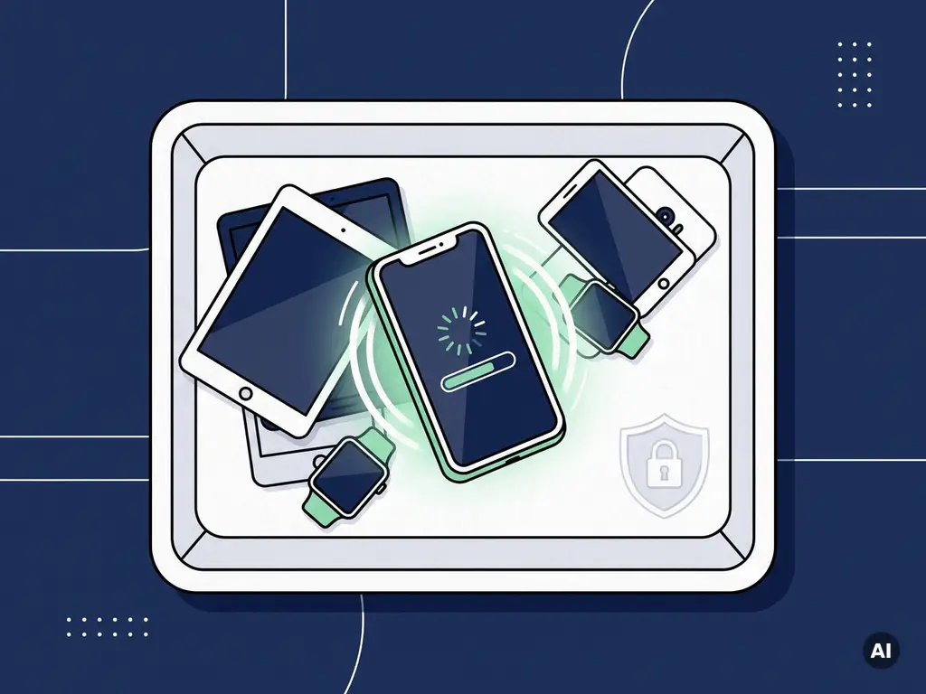 Zakelijke smartphone in industriële lade omringd door ingeleverde apparaten tijdens gecertificeerd datawisproces, vlakke vectorillustratie.