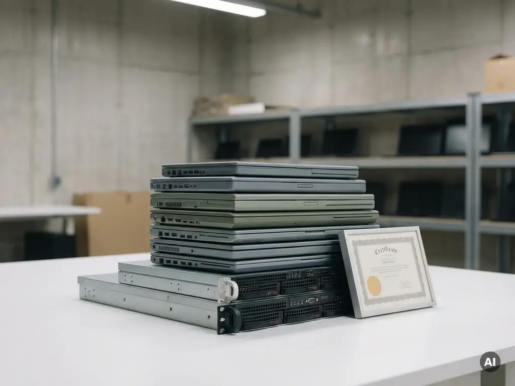 Gestapelde afgedankte laptops en servers naast een certificeringsdocument, klaar voor verantwoorde IT-recycling.