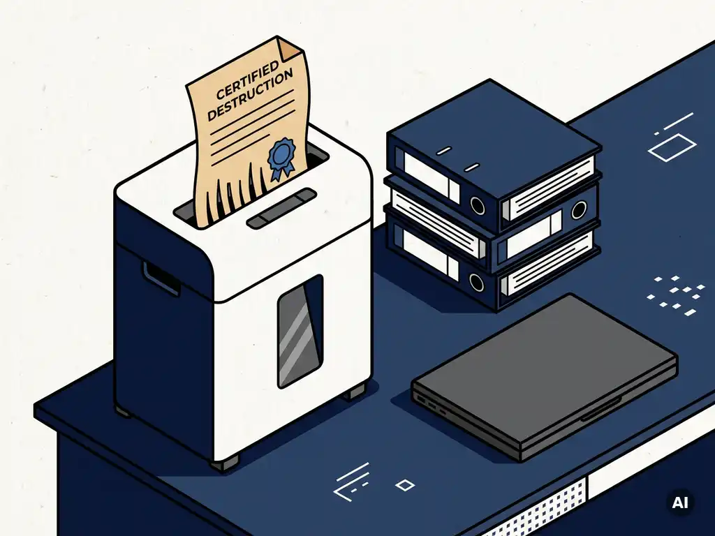 Vernietigingscertificaat uit papiervernietiger naast juridische ordners en buiten gebruik gestelde laptop op advocatenkantoorbureau.