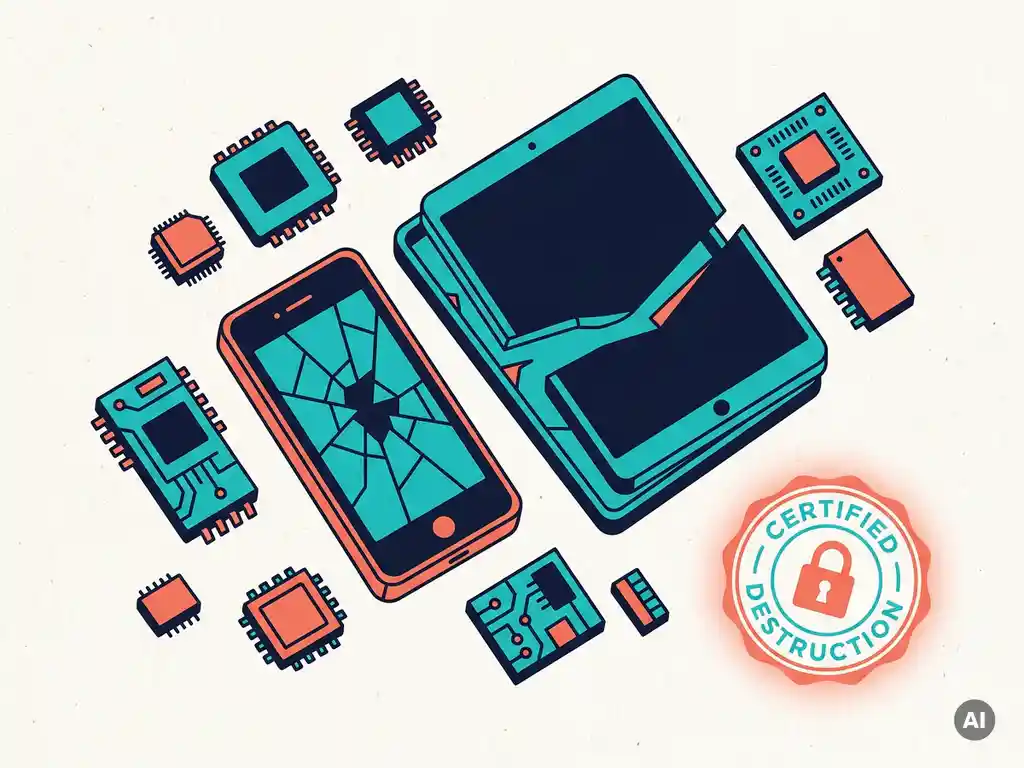 Opengebroken smartphone en tablet op wit oppervlak, omringd door datachips en een gecertificeerd vernietigingszegel, vlakke vectorillustratie.