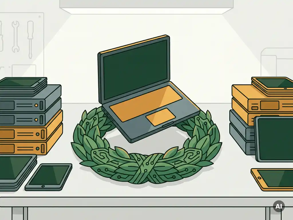 Opgeknapte laptop omringd door groene bladeren en gerecyclede circuitcomponenten, met gestapelde oude servers op een werkoppervlak.