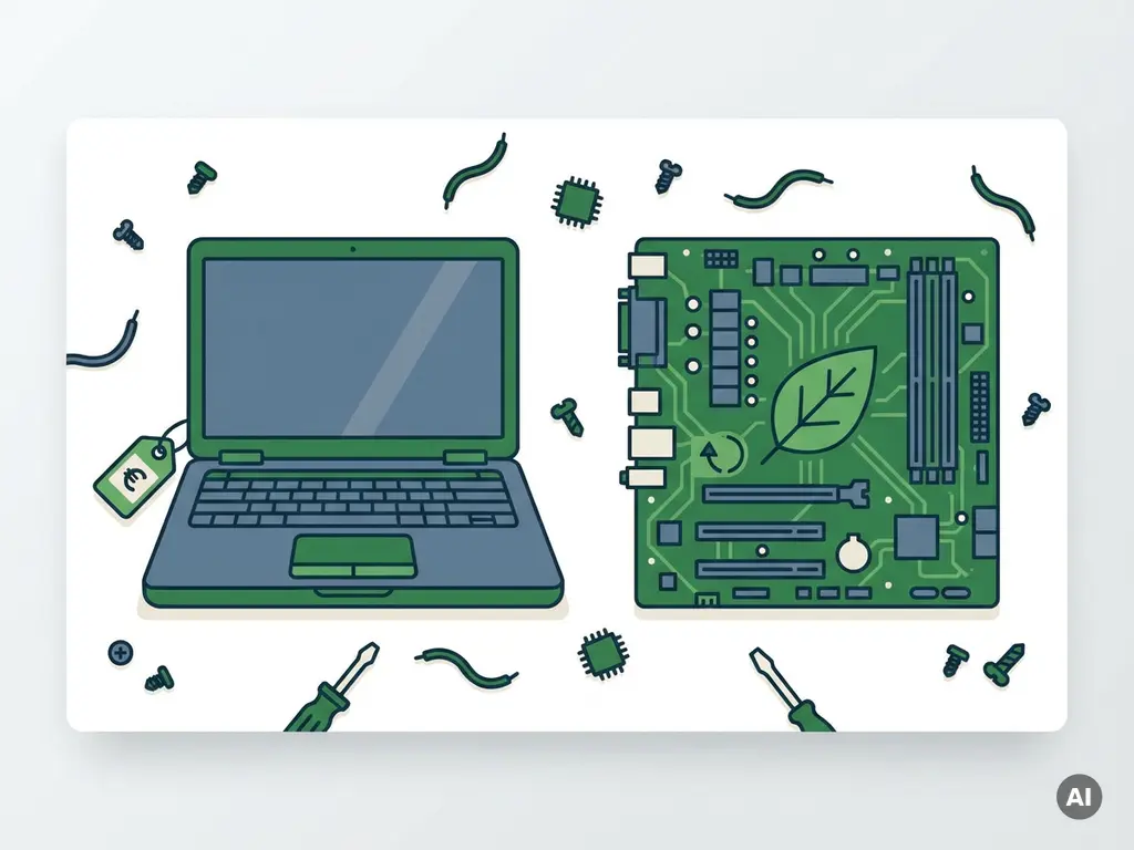 Gereviseerde laptop en printplaat naast elkaar met europrijslabel en groen recyclingssymbool, vlakke vectorillustratie.