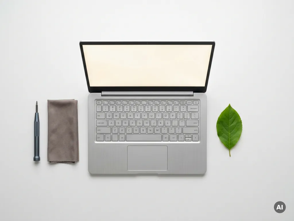 Opgeknapte laptop op wit oppervlak naast schroevendraaier, doek en groen blad, symbolen van duurzame refurbished elektronica.