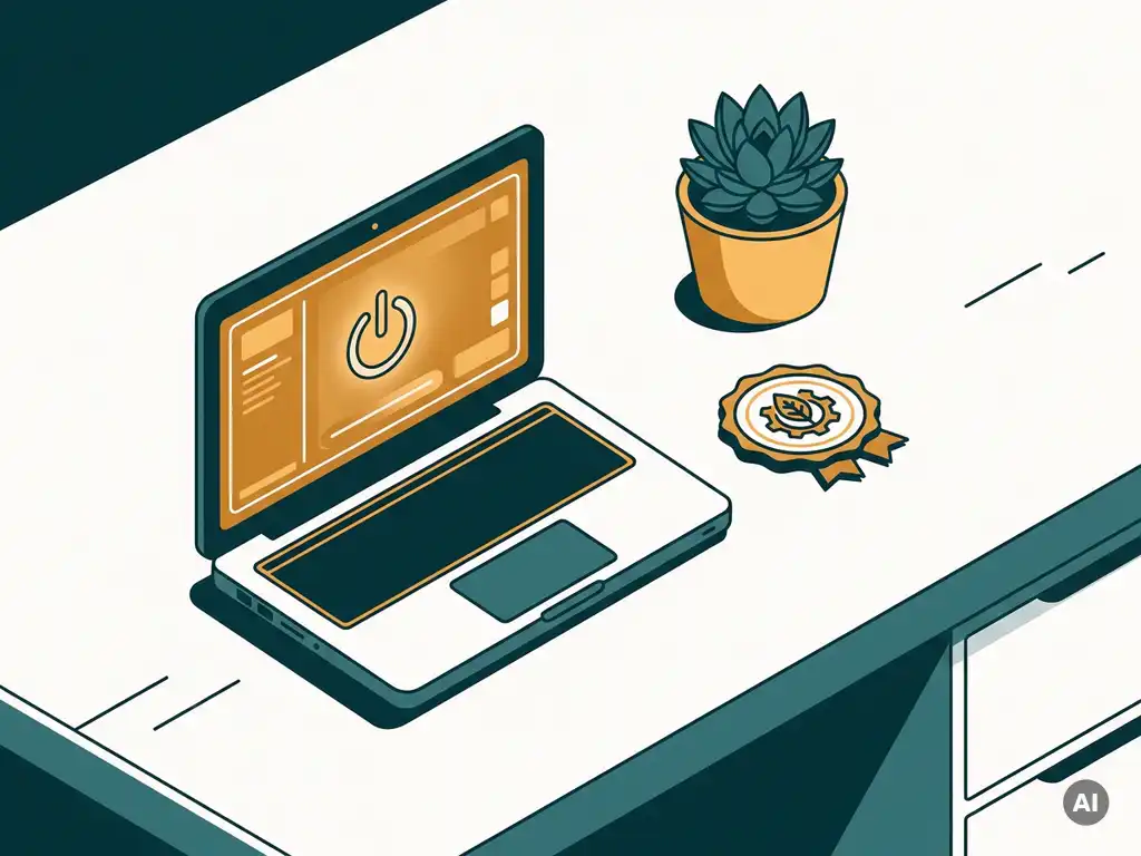 Gerefurbishte laptop op modern bureau naast kwaliteitsbadge en groene plant, in stijlvolle vectorillustratie met teal en amber tinten.