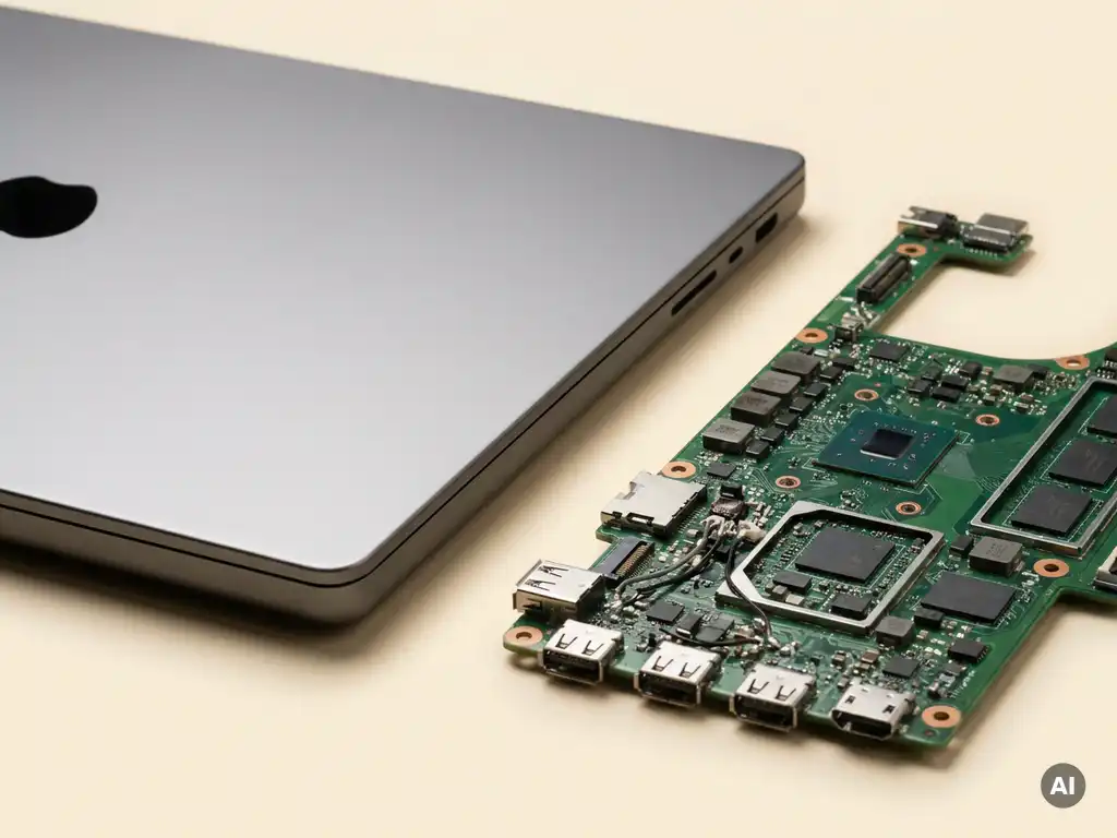 Opgeknapte laptop naast een gedemonteerde printplaat op wit oppervlak, klaar voor hergebruik van elektronica.
