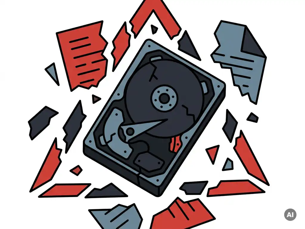 Opengeklapte harde schijf met blootgelegde magnetische schijven, omringd door versnipperde documentfragmenten op wit oppervlak.