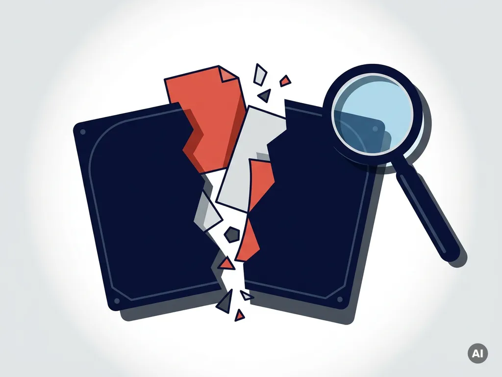 Gebarsten harde schijf met uitstromende documenten en vergrootglas op werktafel, flat vector illustratie over dataverlies en gegevensrisico.