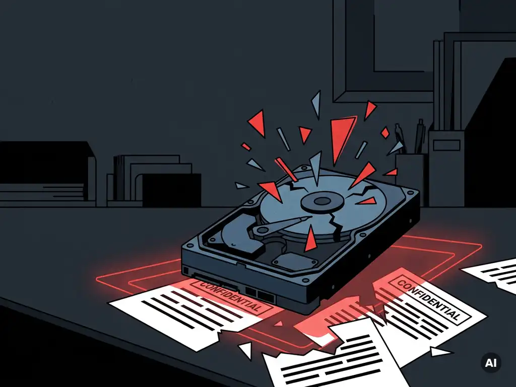 Opengebarsten harde schijf met verstrooide databestanden op kantoorbureau, vertrouwelijke documenten eronder, rood waarschuwingslicht.