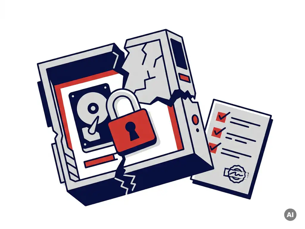 Opengebroken desktoptoren met harde schijf beveiligd door een hangslot, naast een vernietigingscertificaat, vectorillustratie.