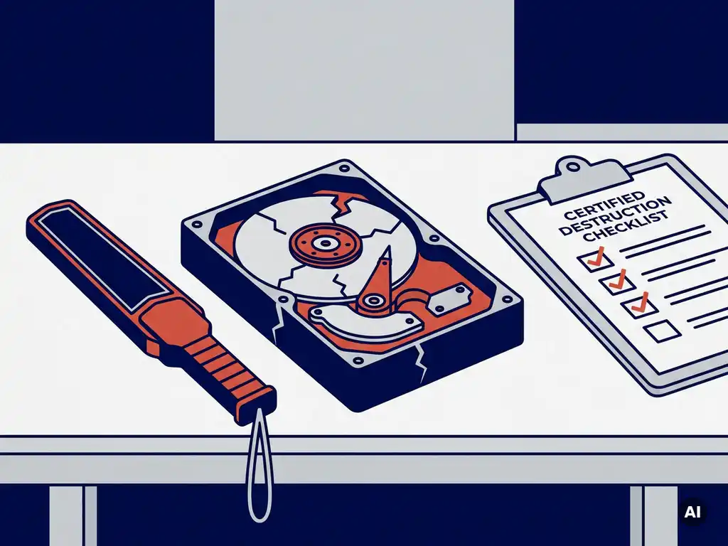 Gespleten harde schijf op werkoppervlak naast een degaussingstaaf en vernietigingschecklist, illustratie in navy, rood en grijs.