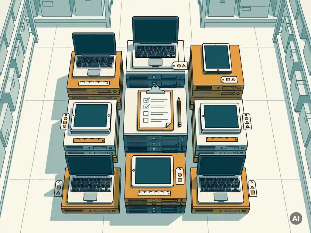 Flat-lay van uitgemonteerde laptops, servers en tablets in een raster, met klembord, meetlinialen en waardetags in een magazijnomgeving.