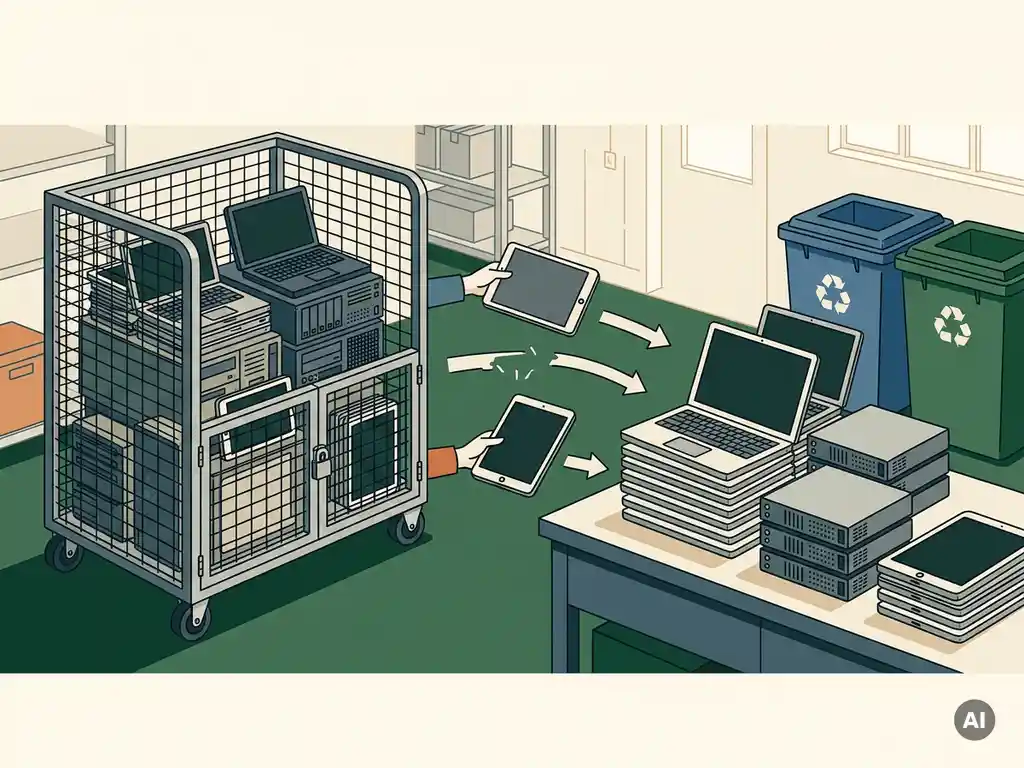 IT-assetwagen met oude laptops en servers die worden omgevormd tot opgeknapte apparaten in een modern magazijn.
