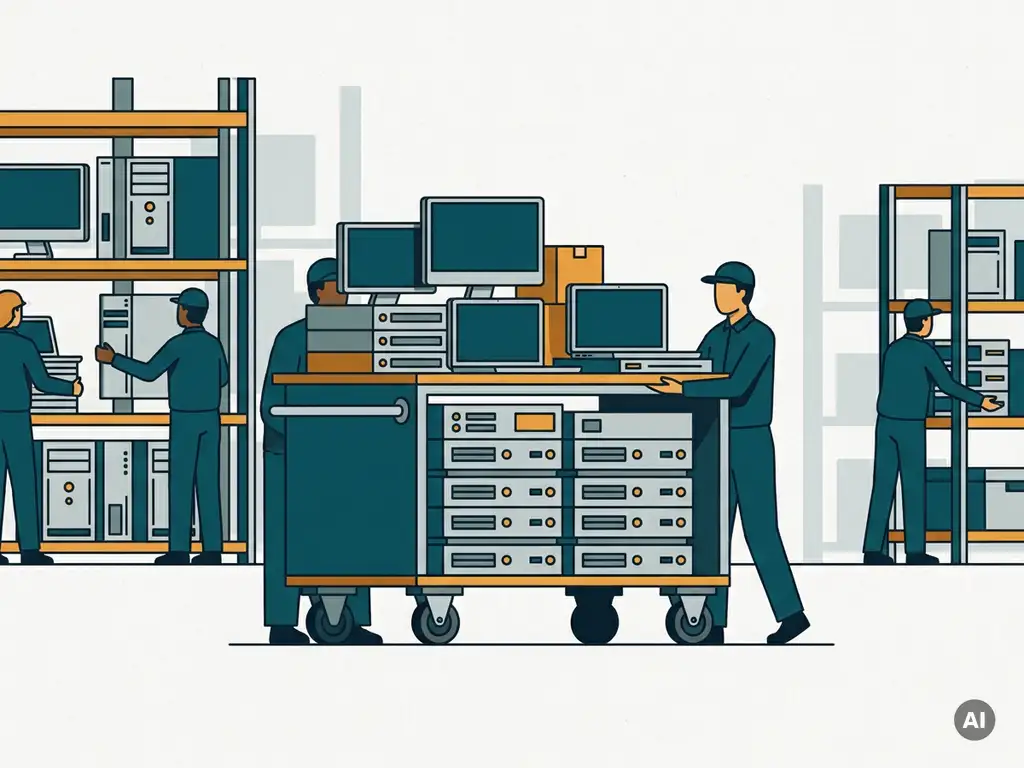 Gestapelde laptops, servers en monitoren worden op een beveiligde kar geladen in een modern magazijn, vectorillustratie in teal, amber en grijs.