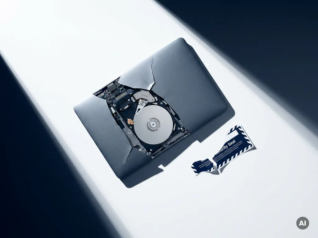 Opengeklapte laptop met blootliggende harde schijf en verbroken beveiligingszegel op wit oppervlak, minimalistische bovenaanzicht.