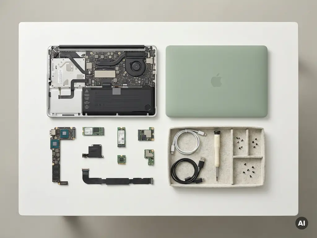 Gedemonteerde laptop met interne componenten naast een gerefurbisht apparaat, bovenaanzicht op wit oppervlak.