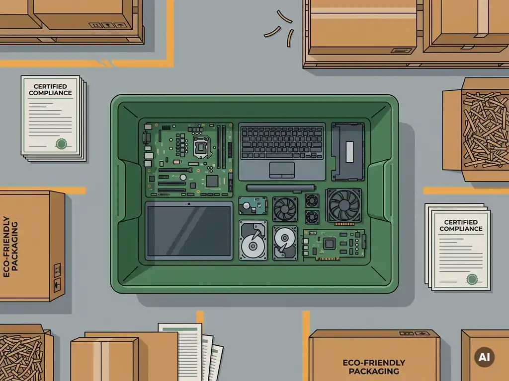 Gedemonteerde laptop en serveronderdelen in groene recyclingbak, omringd door certificeringsdocumenten en milieuvriendelijke verpakking.