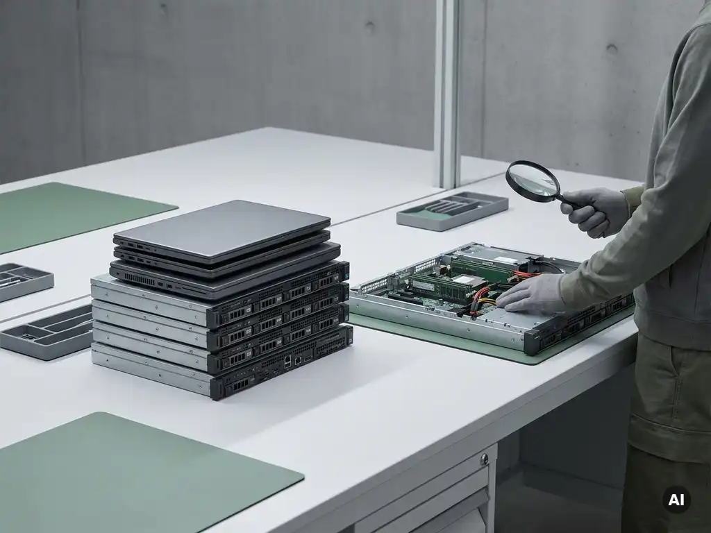 Gestapelde laptops en servers op witte industriële tafel, één geopend apparaat toont interne componenten, minimalistische werkruimte.
