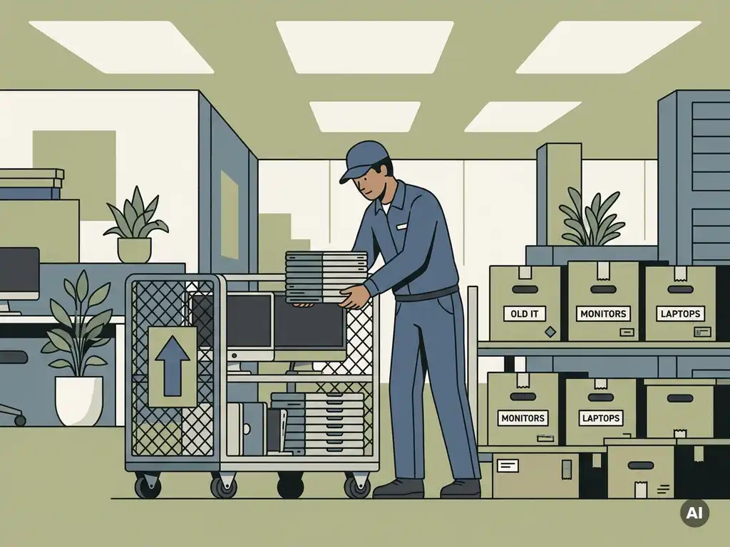 Logistiek medewerker laadt laptops en monitors in een beveiligde rijdende kar tijdens IT-apparatuur uitfasering op kantoor.