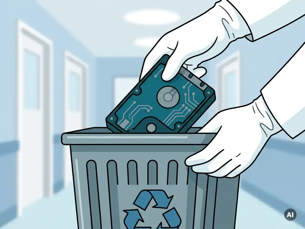 Medische harde schijf in vernietigingscontainer geplaatst door gehandschoende handen, ziekenhuisgang op achtergrond, vectorillustratie.