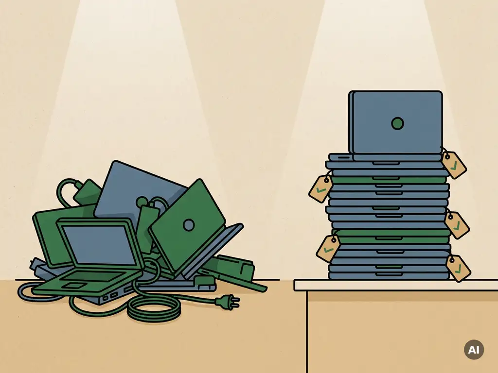 Afgedankte laptop met verstrengelde kabels naast een nette stapel gereviseerde apparaten met inspectiestickers op een magazijnvloer.
