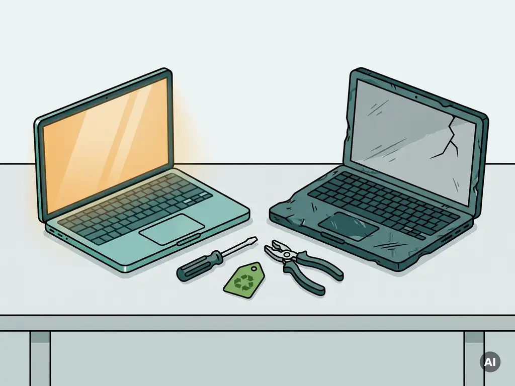 Opgeknapte laptop naast een beschadigde tweedehands laptop op werktafel, met reparatietools en groen recyclinglabel.