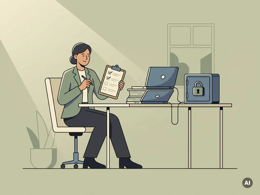 Professional in pak controleert klembordlijst aan bureau met opgeknapte laptops en vergrendelde staalkleurige beveiligingskoffer.